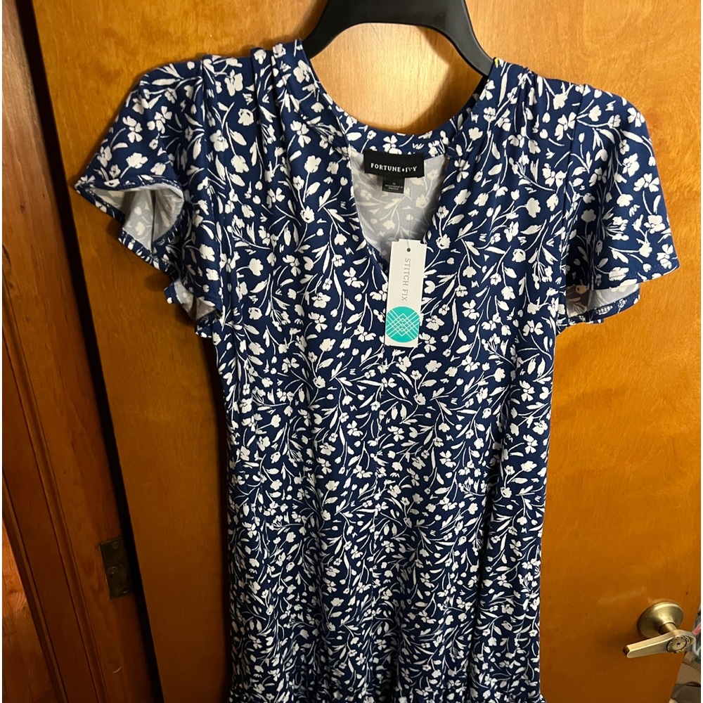 Blue/white floral spring dress. Originally from Stitch Fix.